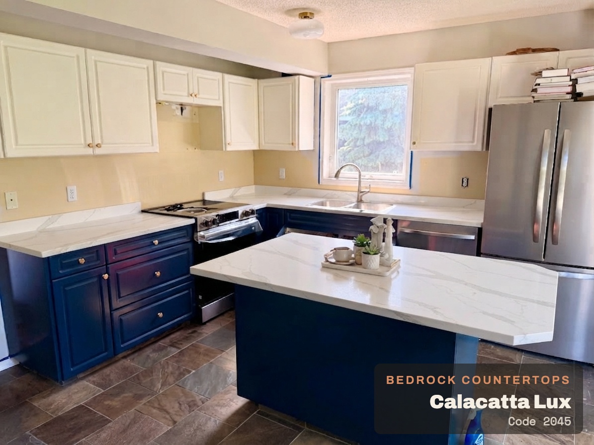 The same kitchen with new Calacatta stone rendered onto the counters