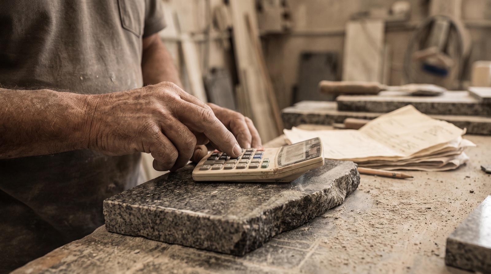 A stone fabricator's weathered hands using a small calculator on a polished granite offcut, beside a stack of quote paperwork.