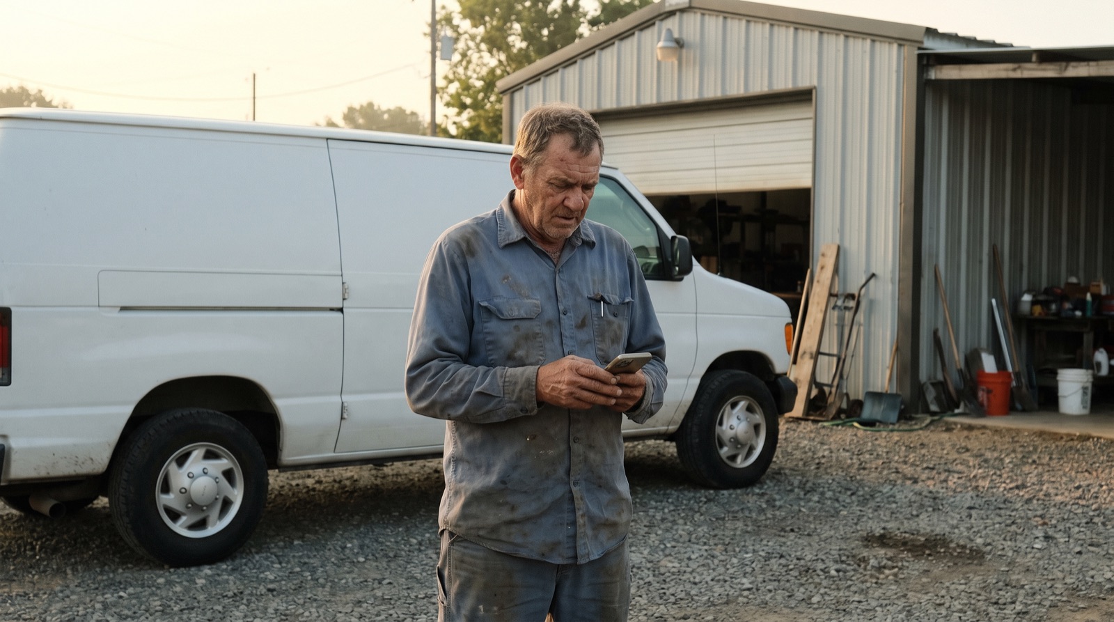 A countertop shop owner in a worn work shirt standing by a plain white work van outside a small industrial unit, looking at his phone.