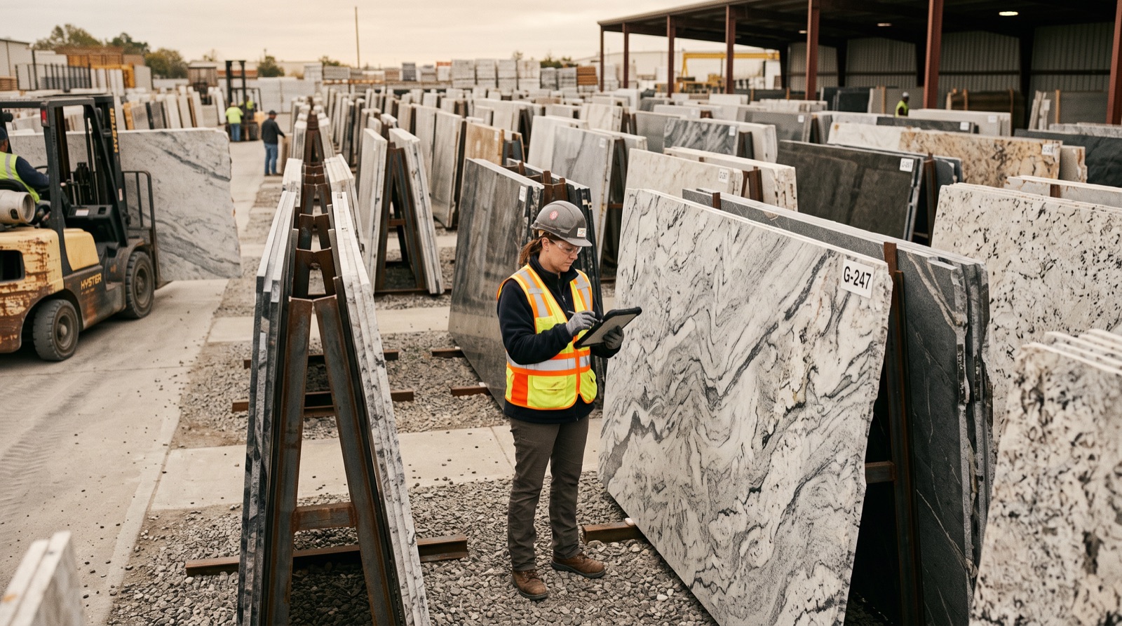 A stone slab yard with granite and quartz slabs standing in steel A-frame racks, a worker in a hi-vis vest inspecting the veining of one slab with a tablet.