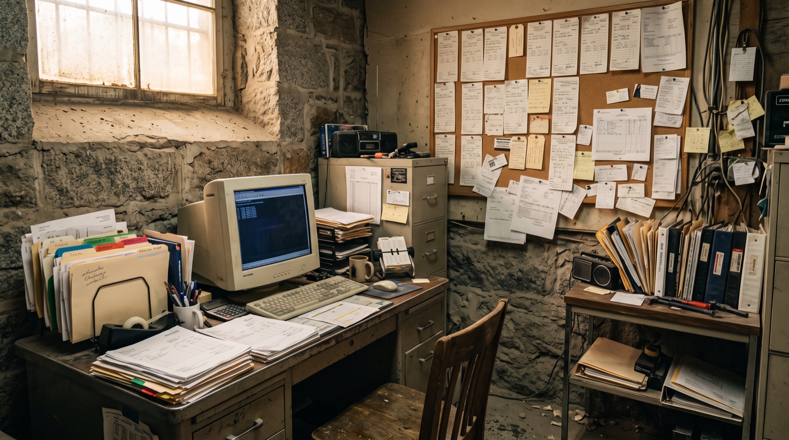 The back office of a small stone fabrication shop: an older monitor on a metal desk, stacks of paper invoices and a corkboard of handwritten job tickets.