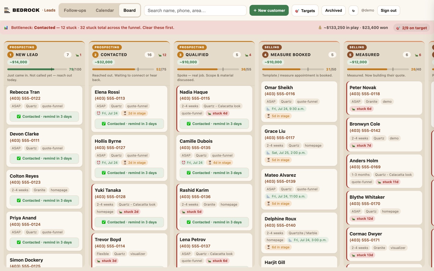 The StoneMagnet lead board: real leads moving from new lead through contacted, qualified and measure booked, $26k in play