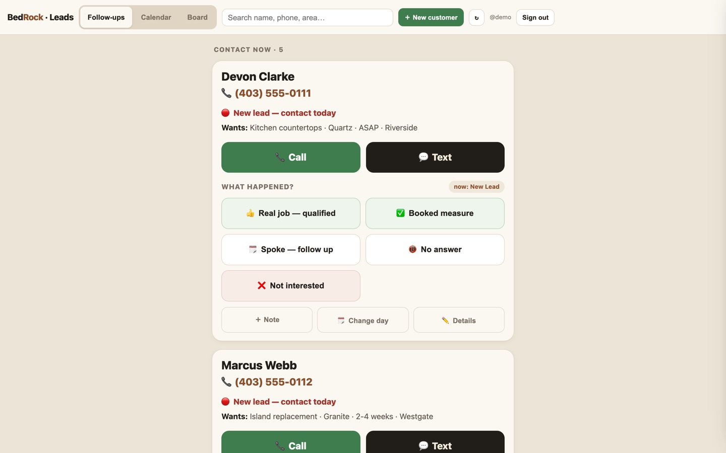 Phone screen: the AI texting a lead back and booking a measure