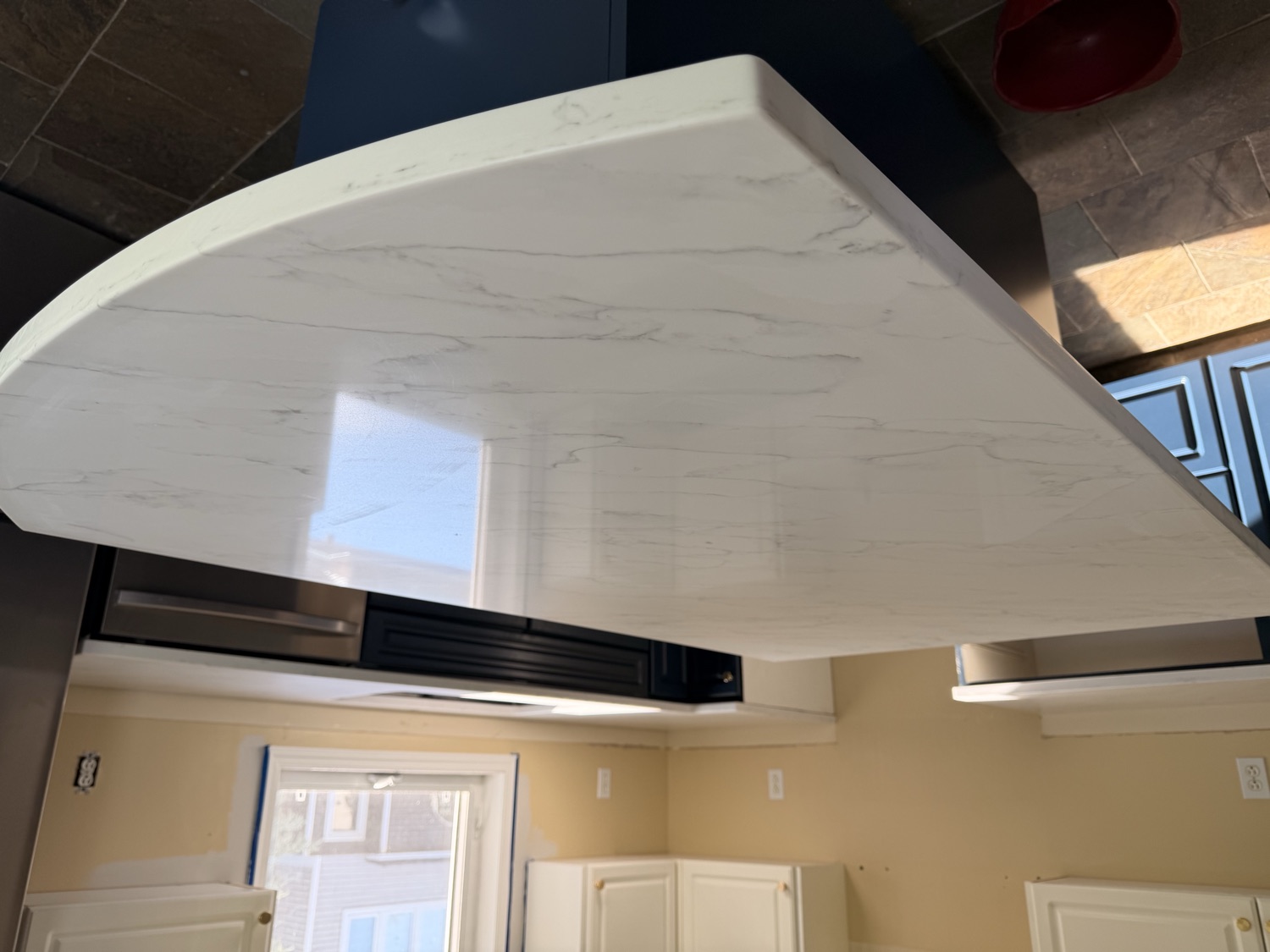 White quartz kitchen island install